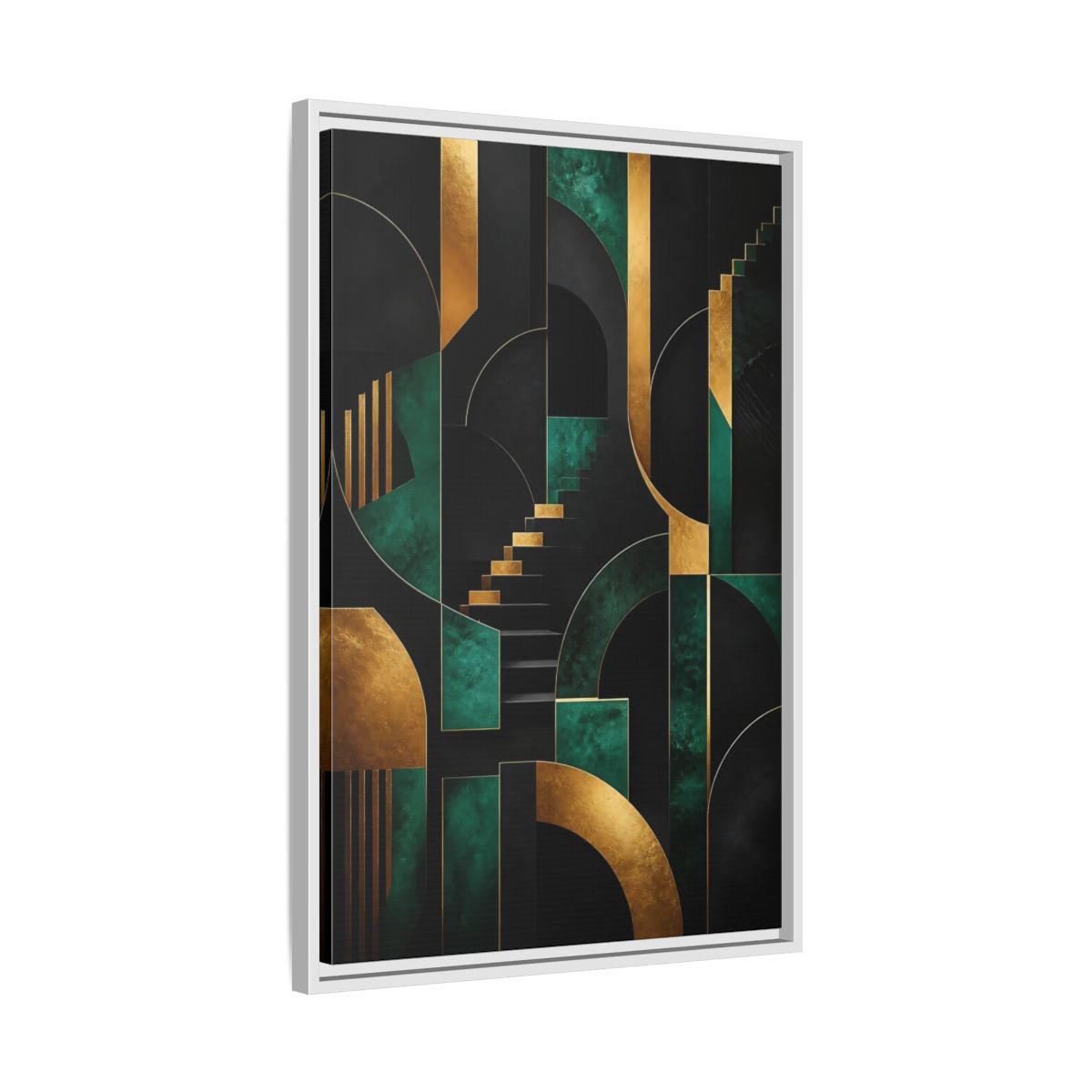 Side Mockup 10. Abstract Geometric Shapes Black Gold Emerald Green shown as stretched canvas wall art