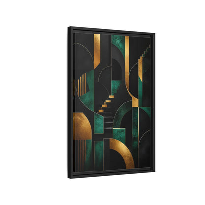 Side Mockup 3. Abstract Geometric Shapes Black Gold Emerald Green shown as stretched canvas wall art