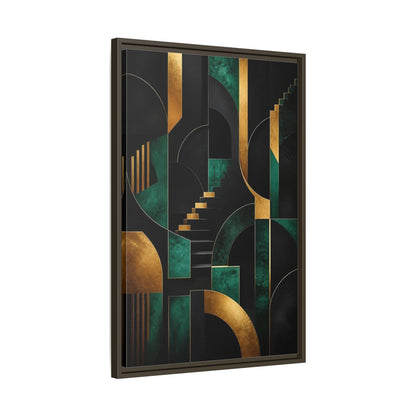 Side Mockup 11. Abstract Geometric Shapes Black Gold Emerald Green shown as stretched canvas wall art