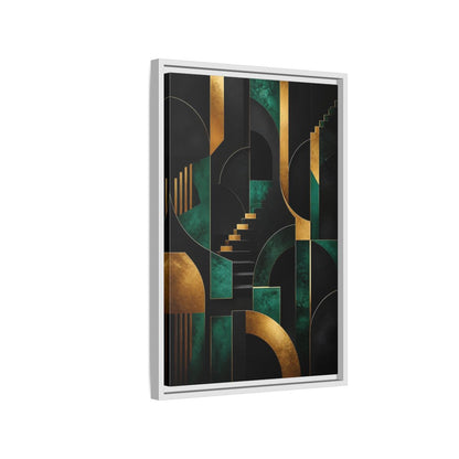Side Mockup 1. Abstract Geometric Shapes Black Gold Emerald Green shown as stretched canvas wall art