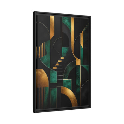 Side Mockup 14. Abstract Geometric Shapes Black Gold Emerald Green shown as stretched canvas wall art