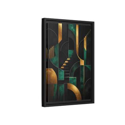 Side Mockup 6. Abstract Geometric Shapes Black Gold Emerald Green shown as stretched canvas wall art