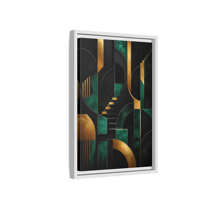 Side Mockup 4. Abstract Geometric Shapes Black Gold Emerald Green shown as stretched canvas wall art