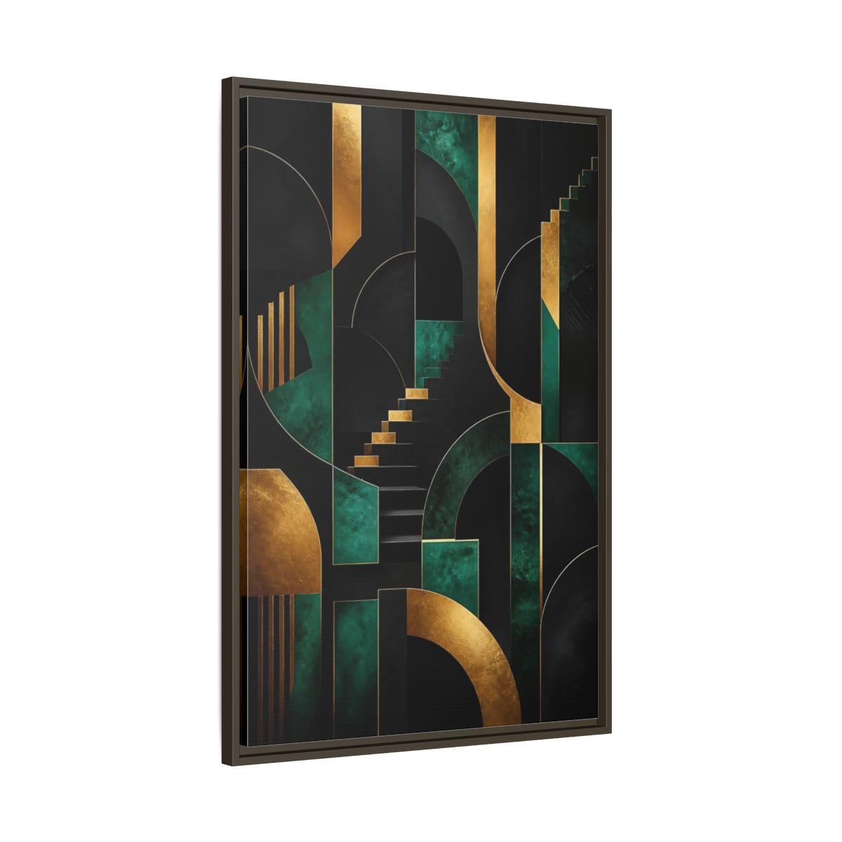 Main Mockup. Abstract Geometric Shapes Black Gold Emerald Green shown as stretched canvas wall art