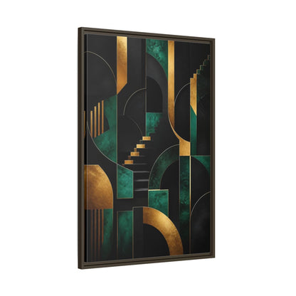 Main Mockup. Abstract Geometric Shapes Black Gold Emerald Green shown as stretched canvas wall art