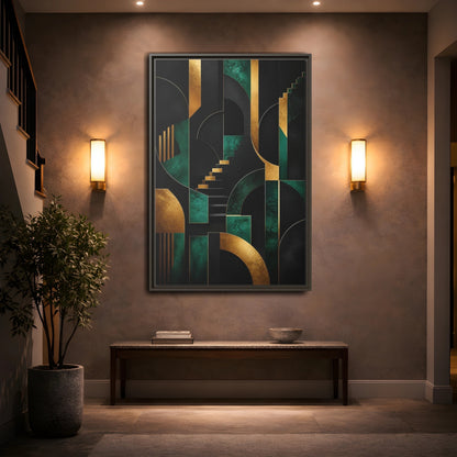 Mockup 2. Abstract Geometric Shapes Black Gold Emerald Green shown as stretched canvas wall art