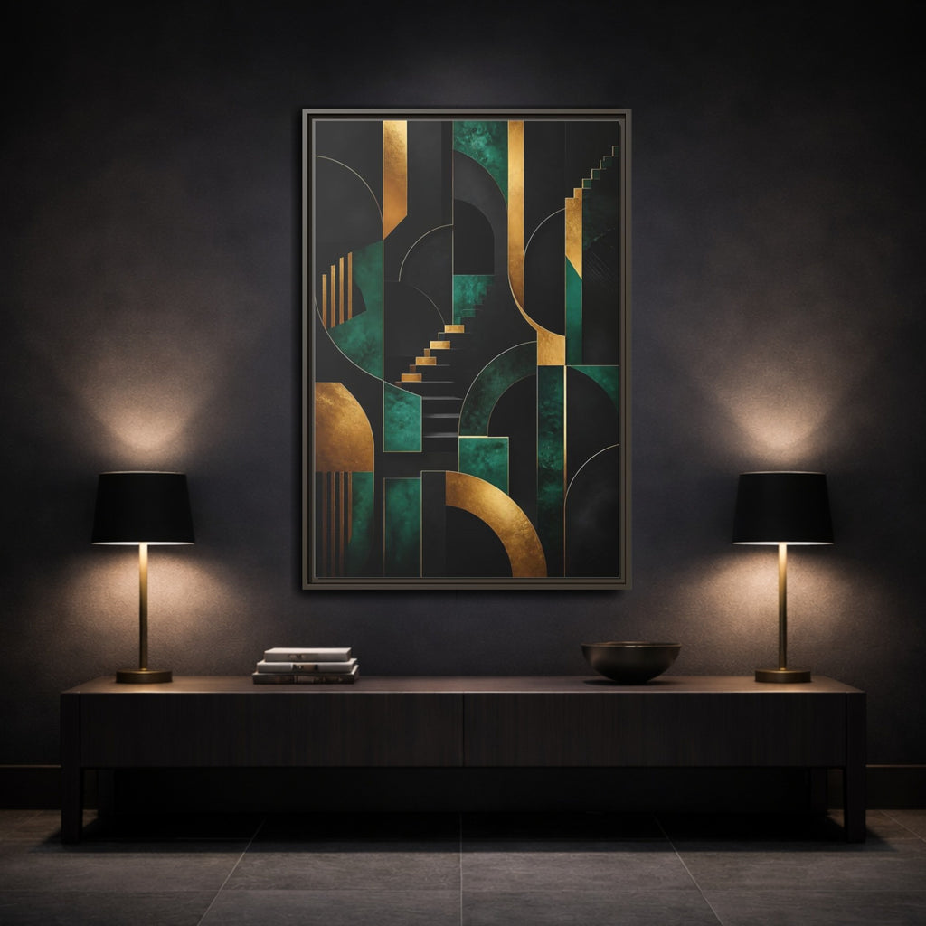 Mockup 3. Abstract Geometric Shapes Black Gold Emerald Green shown as stretched canvas wall art
