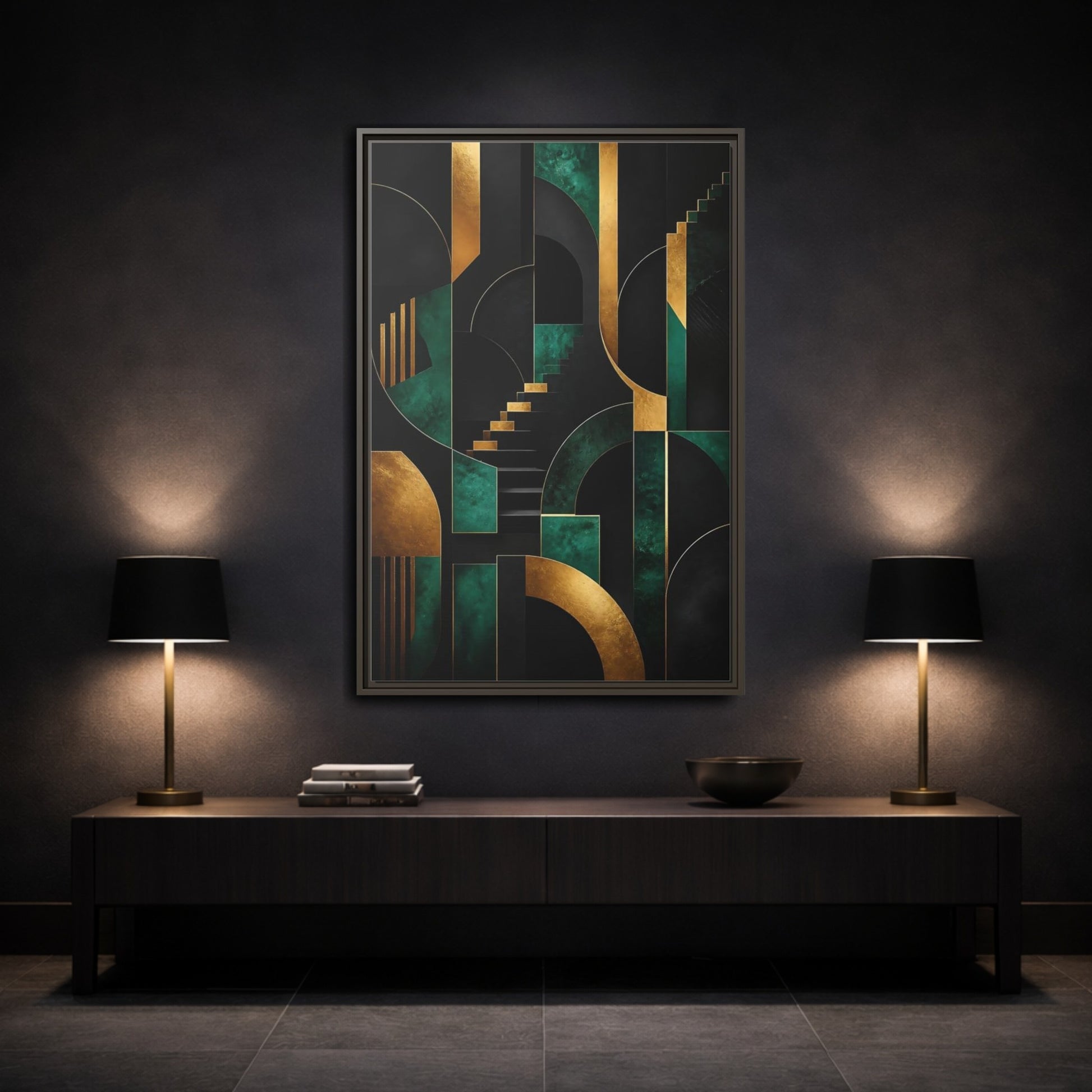 Mockup 3. Abstract Geometric Shapes Black Gold Emerald Green shown as stretched canvas wall art