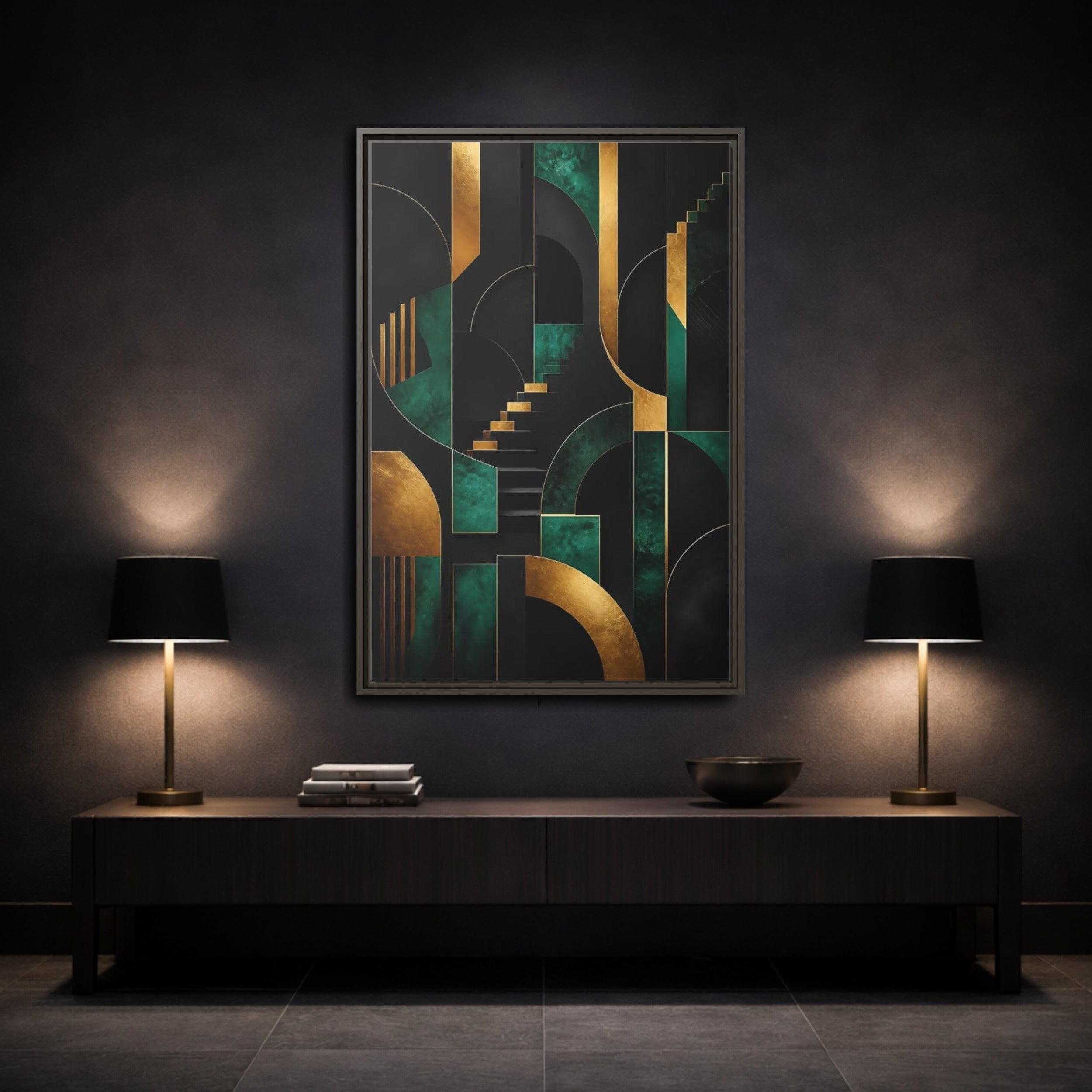 Mockup 3. Abstract Geometric Shapes Black Gold Emerald Green shown as stretched canvas wall art