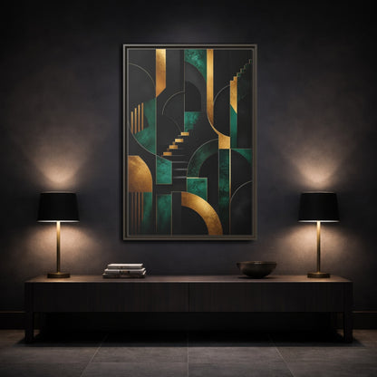 Mockup 3. Abstract Geometric Shapes Black Gold Emerald Green shown as stretched canvas wall art