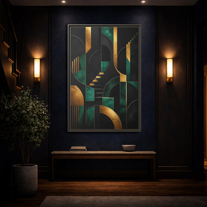 Mockup 4. Abstract Geometric Shapes Black Gold Emerald Green shown as stretched canvas wall art