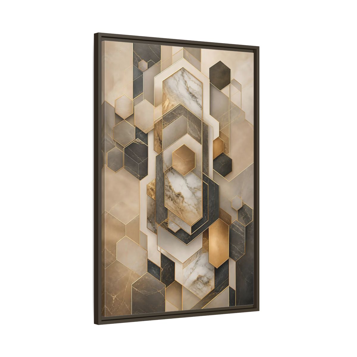 Abstract Geometric Shapes Brown and Gold Framed Canvas Wall Art - Living Room shown as canvas wall art
