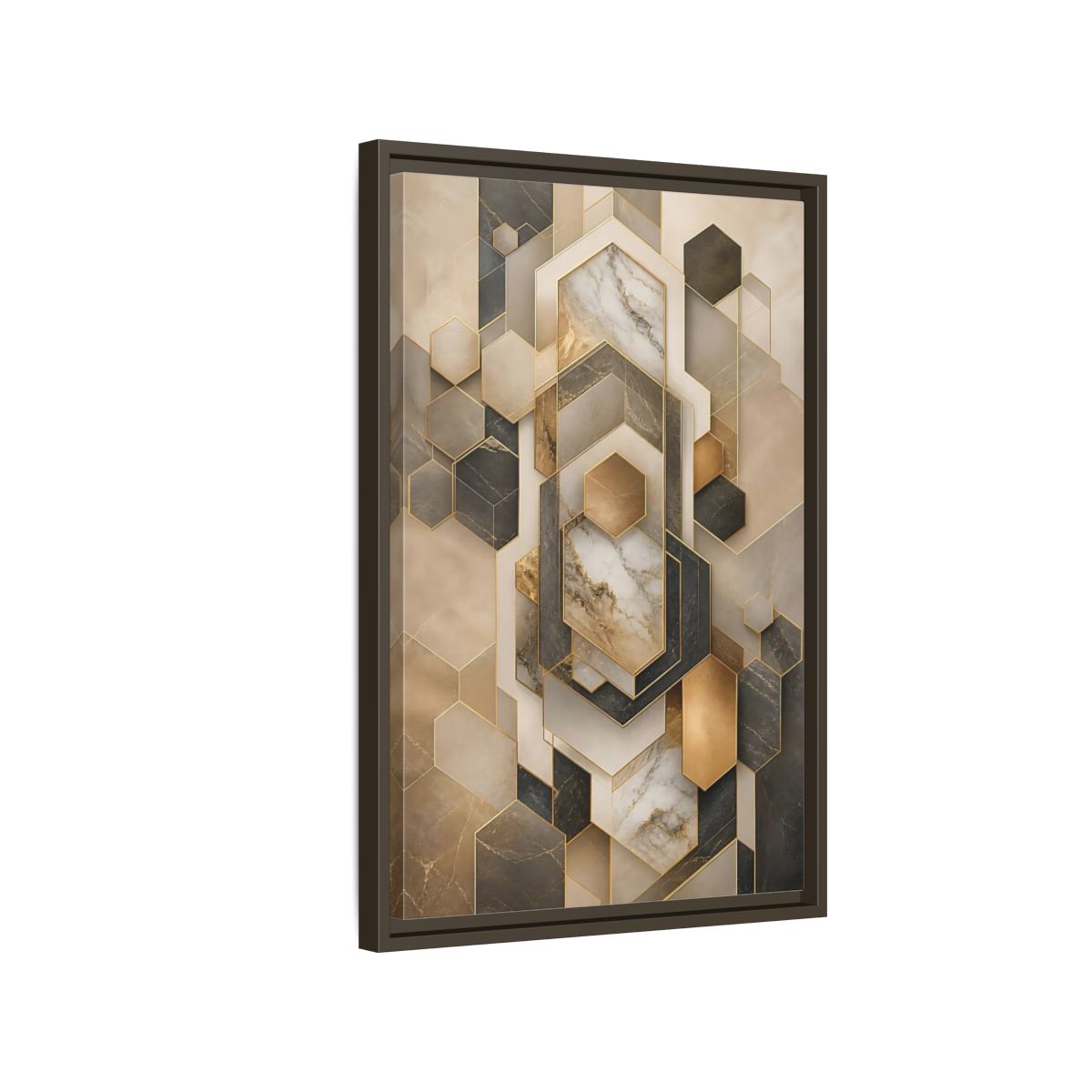 Abstract Geometric Shapes Brown and Gold Framed Canvas Wall Art - Living Room shown as canvas wall art