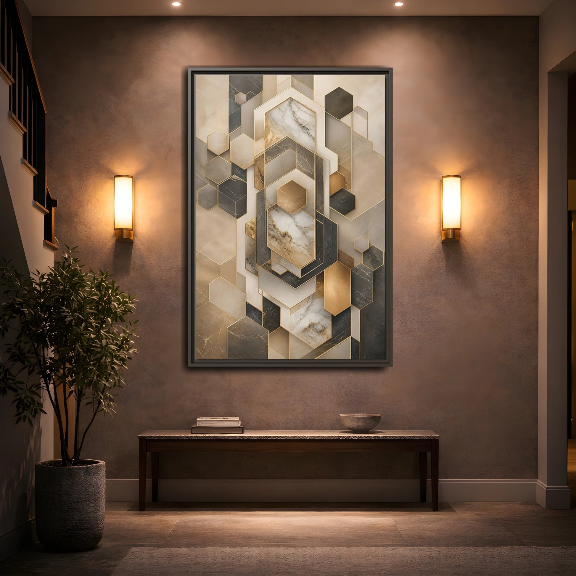 Abstract Geometric Shapes Brown and Gold Framed Canvas Wall Art - Living Room shown as canvas wall art
