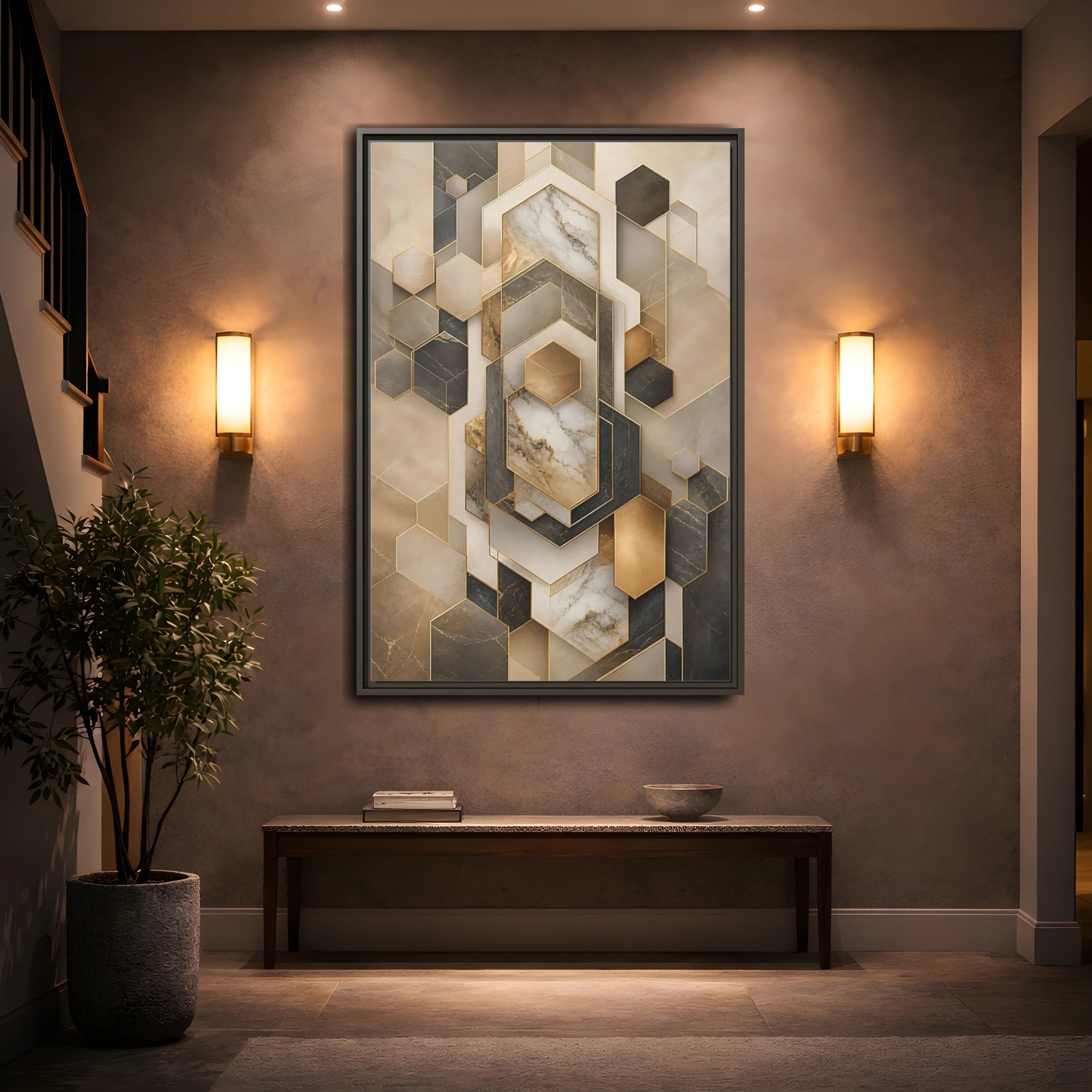 Mockup 2. Abstract Geometric Shapes Brown And Gold shown as stretched canvas wall art