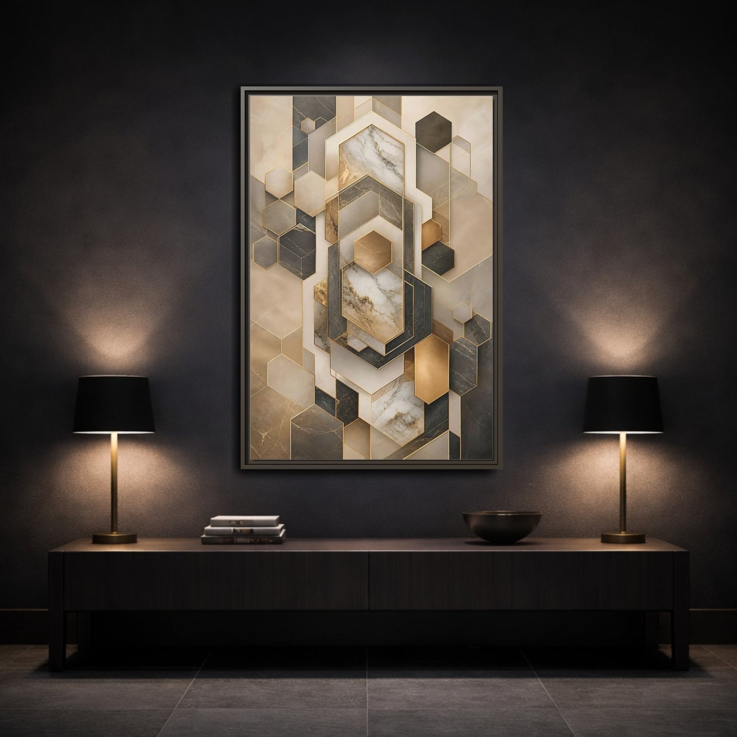 Abstract Geometric Shapes Brown and Gold Framed Canvas Wall Art - Living Room shown as canvas wall art