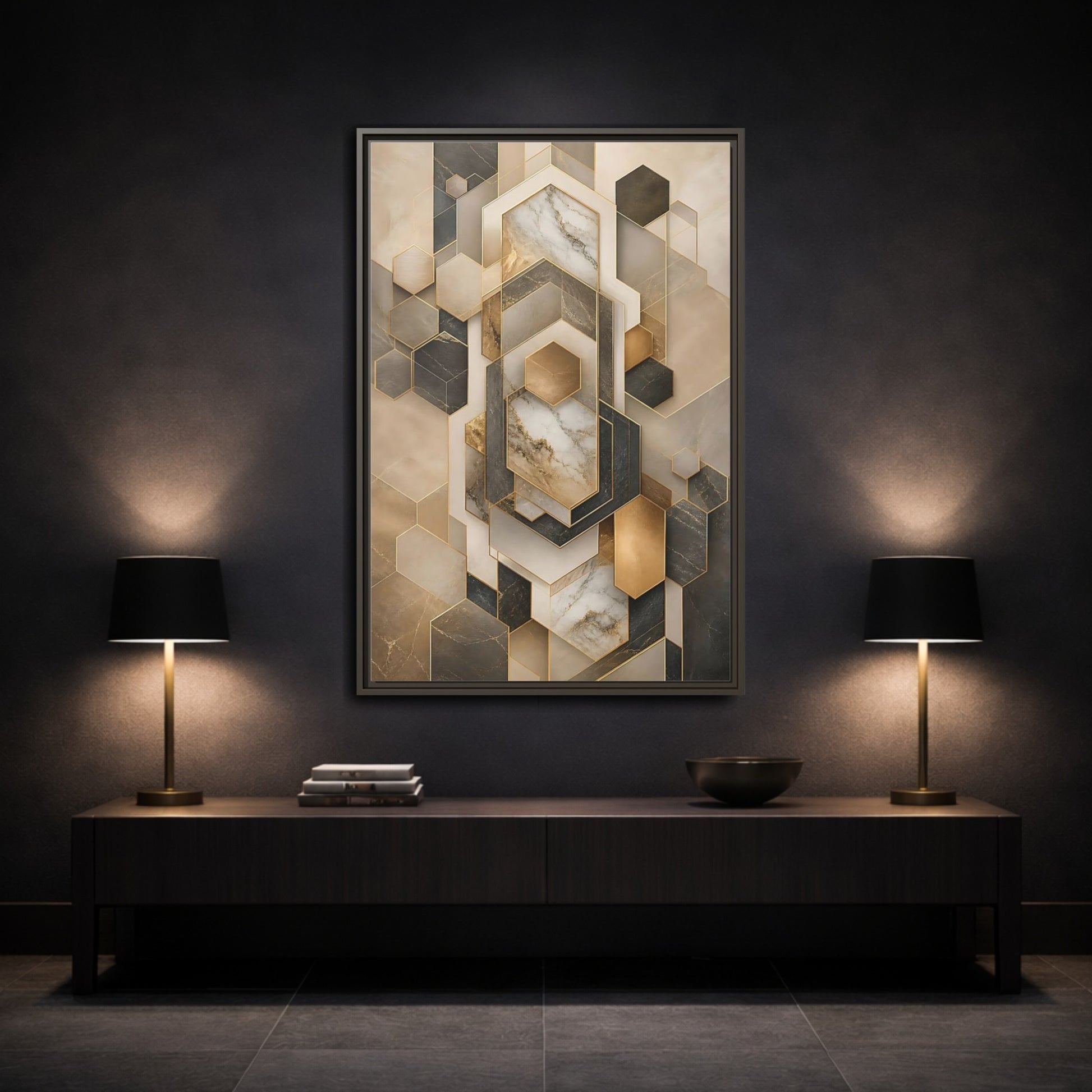 Abstract Geometric Shapes Brown and Gold Framed Canvas Wall Art - Living Room shown as canvas wall art