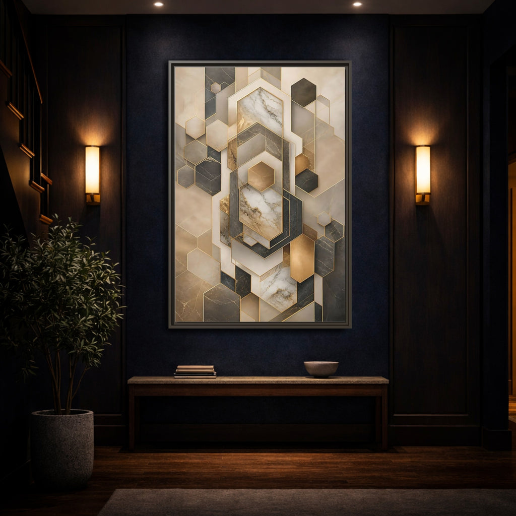 Mockup 4. Abstract Geometric Shapes Brown And Gold shown as stretched canvas wall art