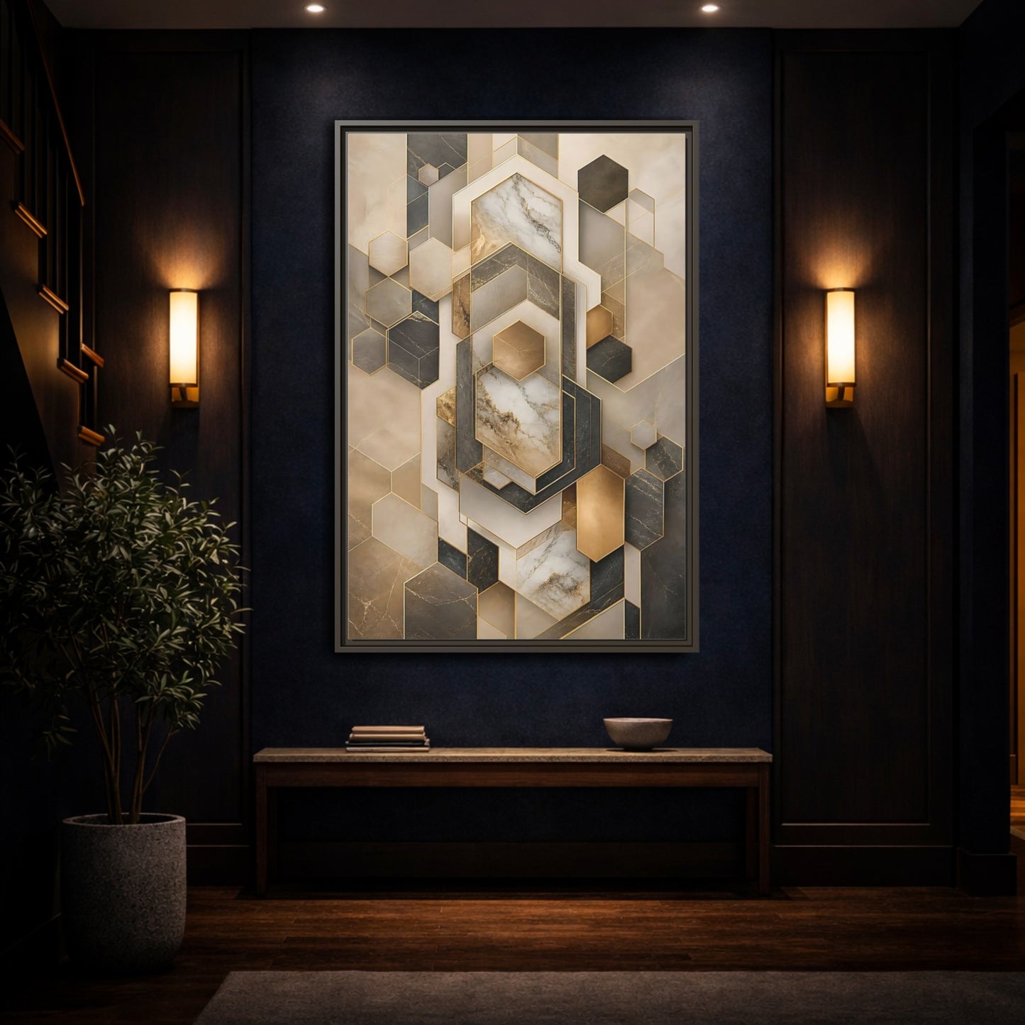 Abstract Geometric Shapes Brown and Gold Framed Canvas Wall Art - Living Room shown as canvas wall art