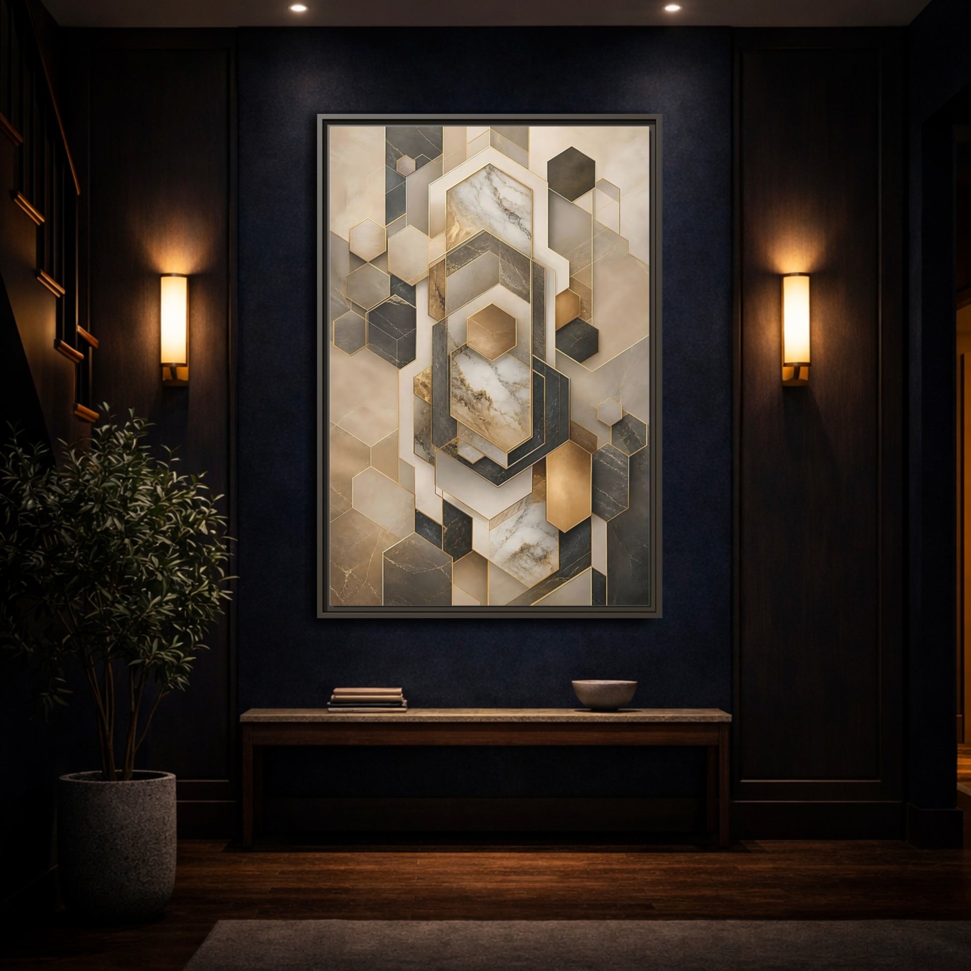 Abstract Geometric Shapes Brown and Gold Framed Canvas Wall Art - Living Room shown as canvas wall art