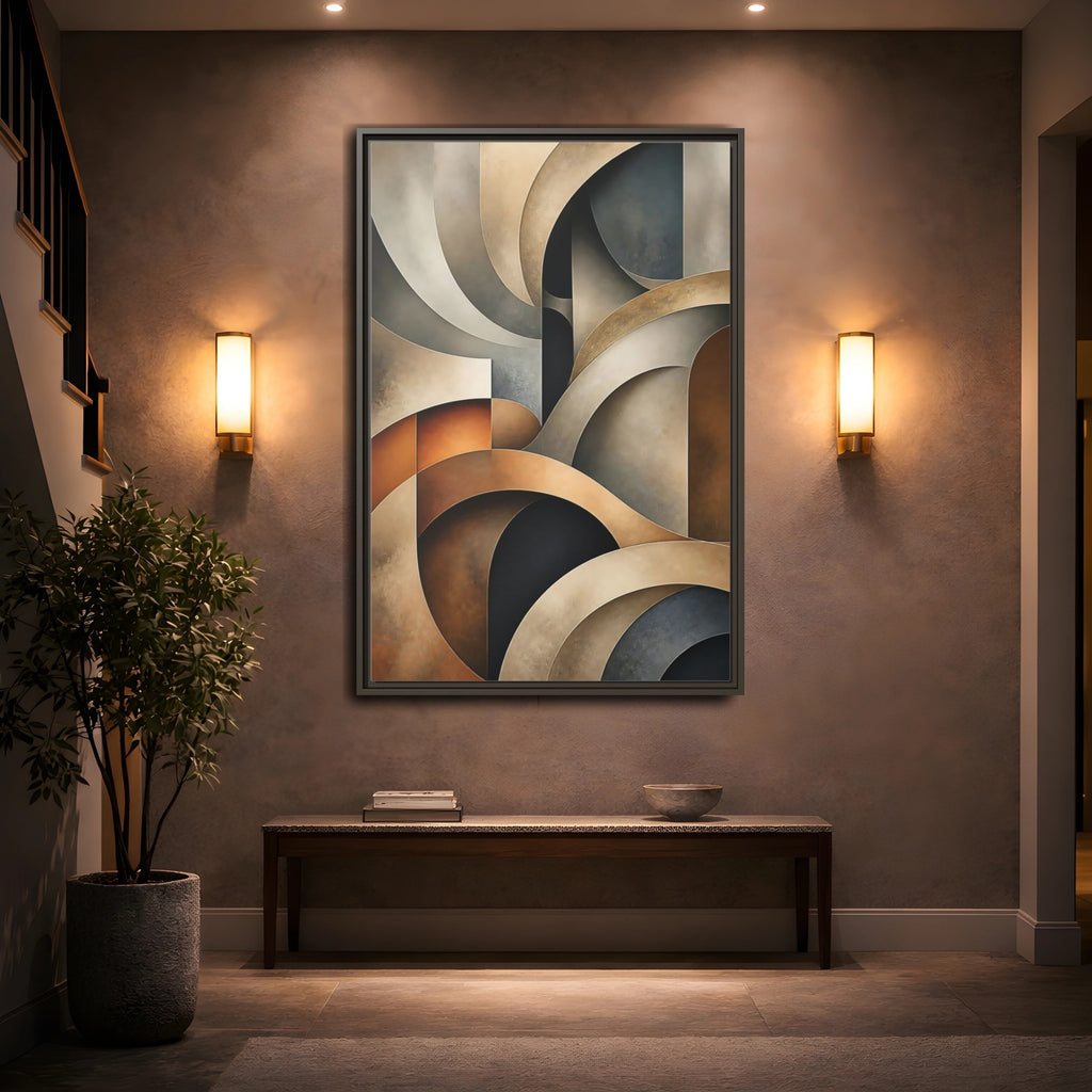 Mockup 2. Abstract Geometric Shapes Brown Beige Geometric shown as stretched canvas wall art