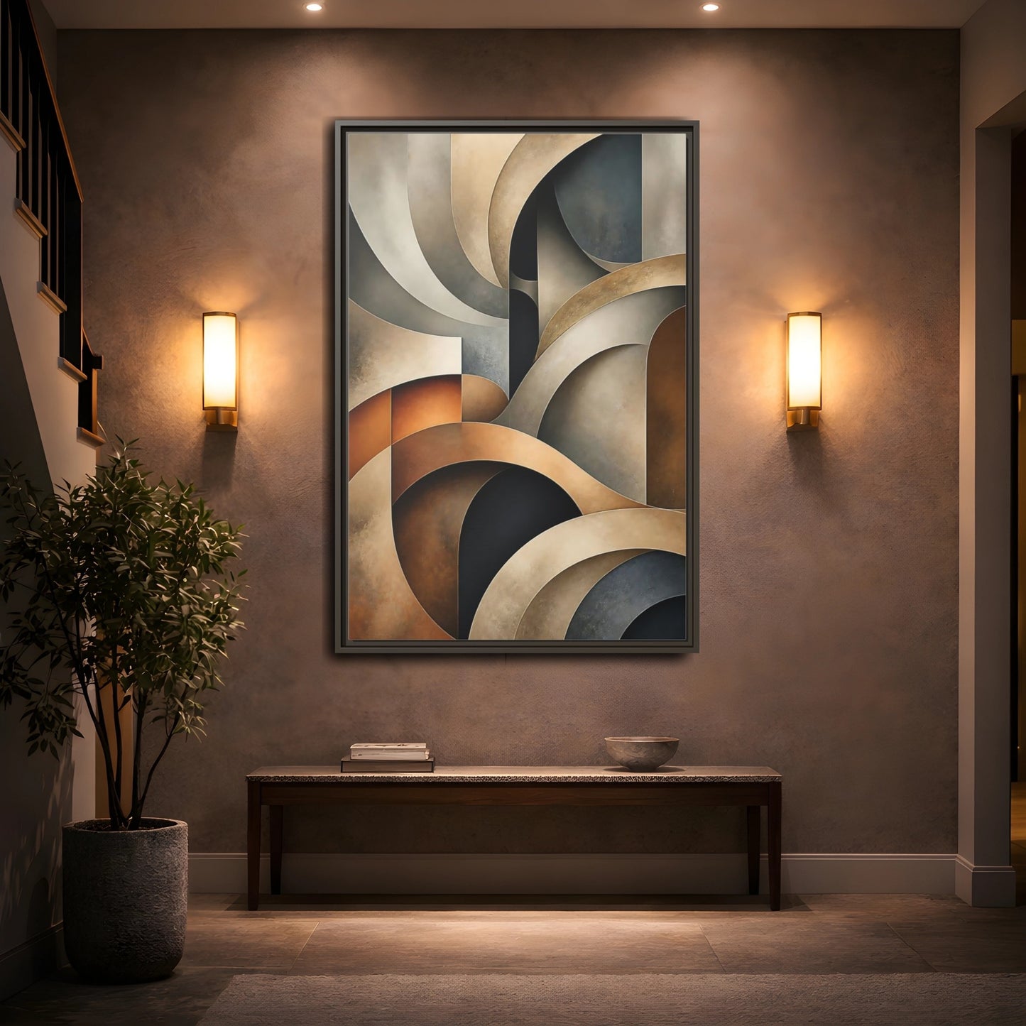 Mockup 2. Abstract Geometric Shapes Brown Beige Geometric shown as stretched canvas wall art