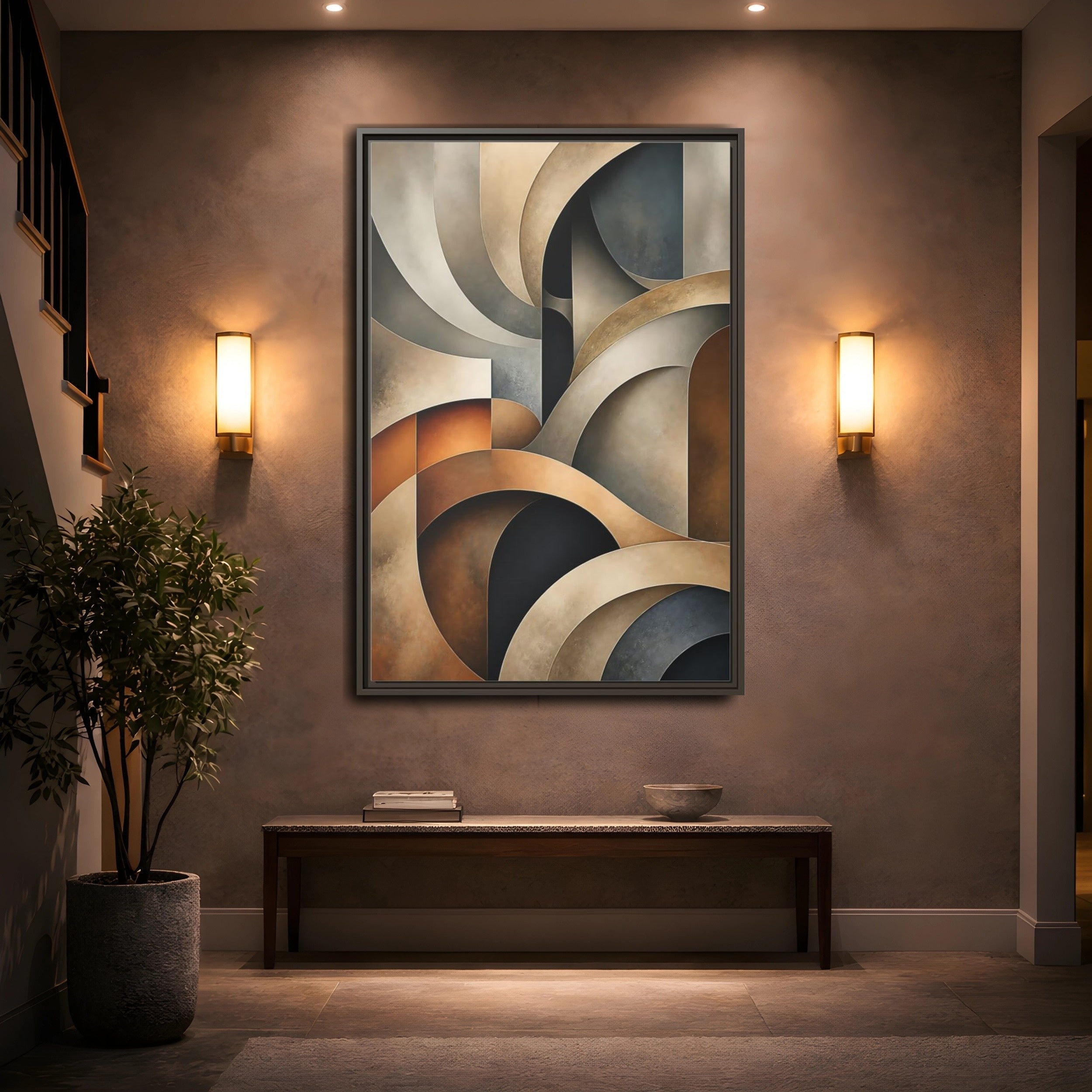 Mockup 2. Abstract Geometric Shapes Brown Beige Geometric shown as stretched canvas wall art