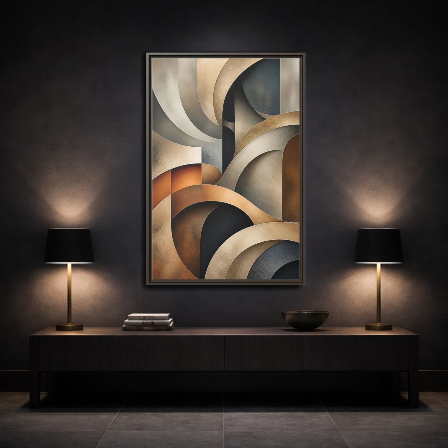 Mockup 3. Abstract Geometric Shapes Brown Beige Geometric shown as stretched canvas wall art