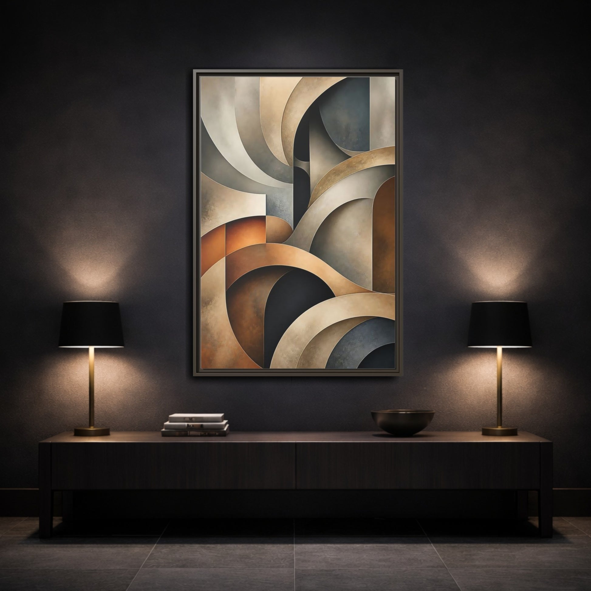 Mockup 3. Abstract Geometric Shapes Brown Beige Geometric shown as stretched canvas wall art