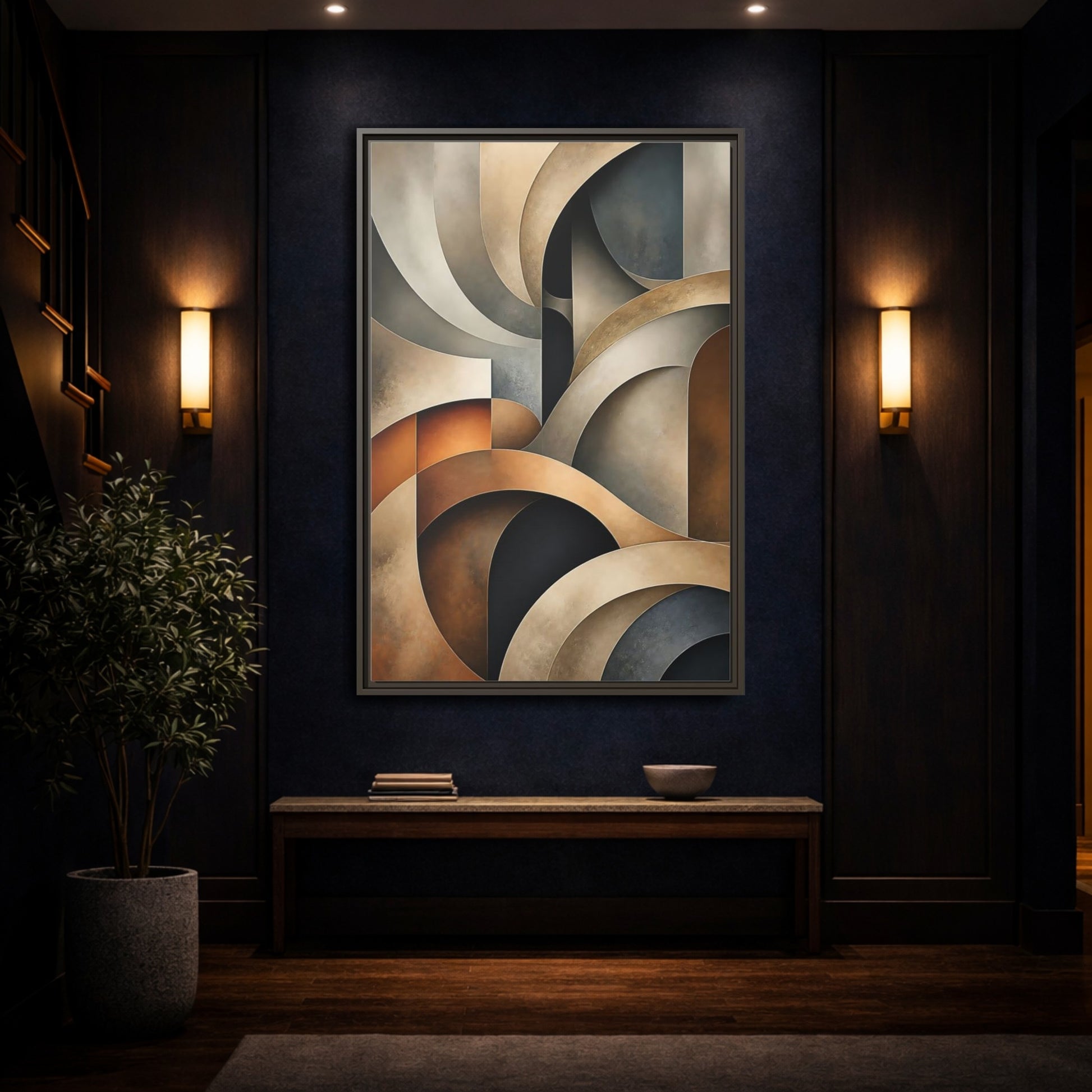 Mockup 4. Abstract Geometric Shapes Brown Beige Geometric shown as stretched canvas wall art