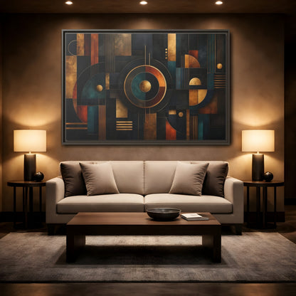 Mockup 2. Abstract Geometric Shapes Dark Gold Abstract shown as stretched canvas wall art