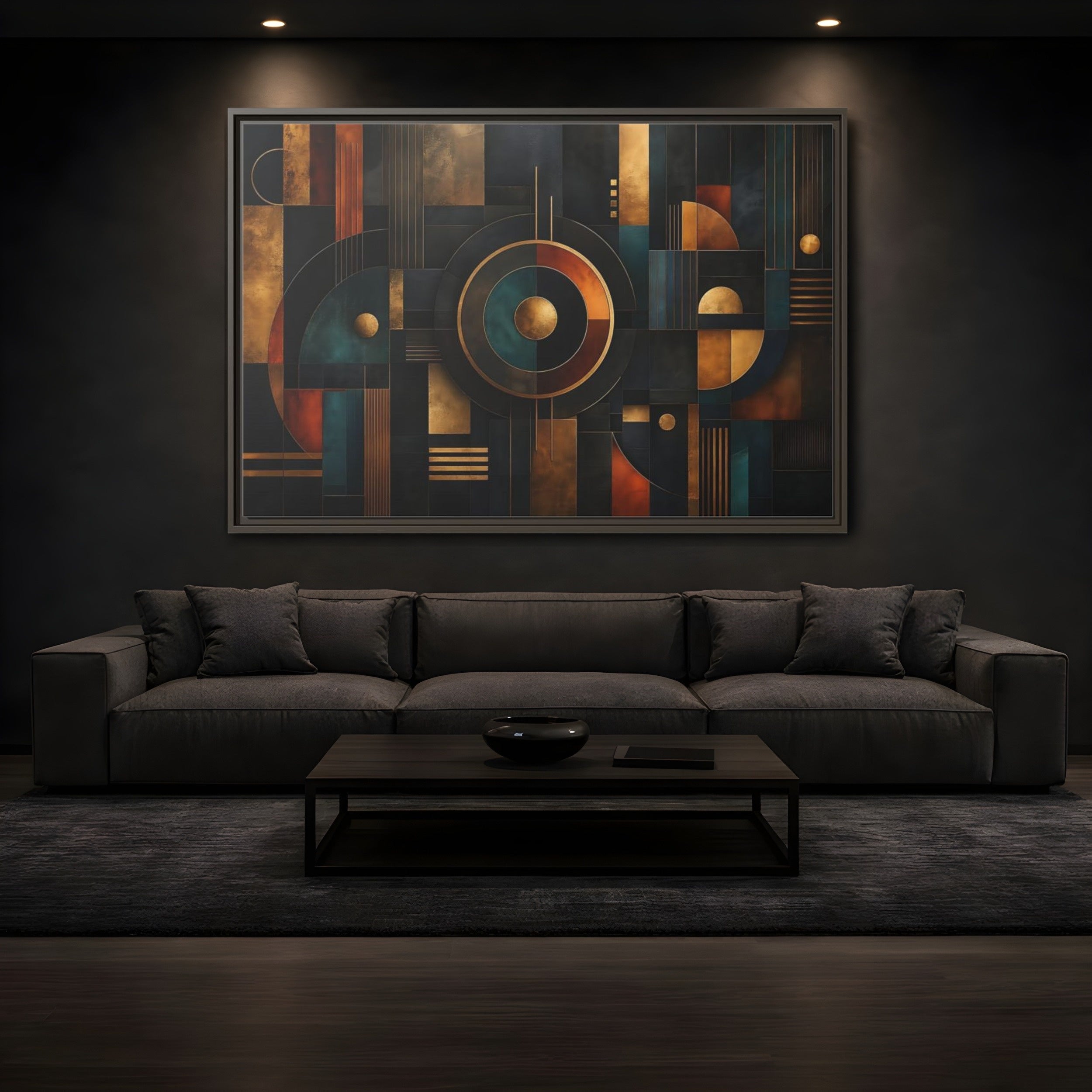 Mockup 3. Abstract Geometric Shapes Dark Gold Abstract shown as stretched canvas wall art