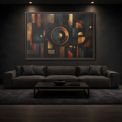 Mockup 3. Abstract Geometric Shapes Dark Gold Abstract shown as stretched canvas wall art