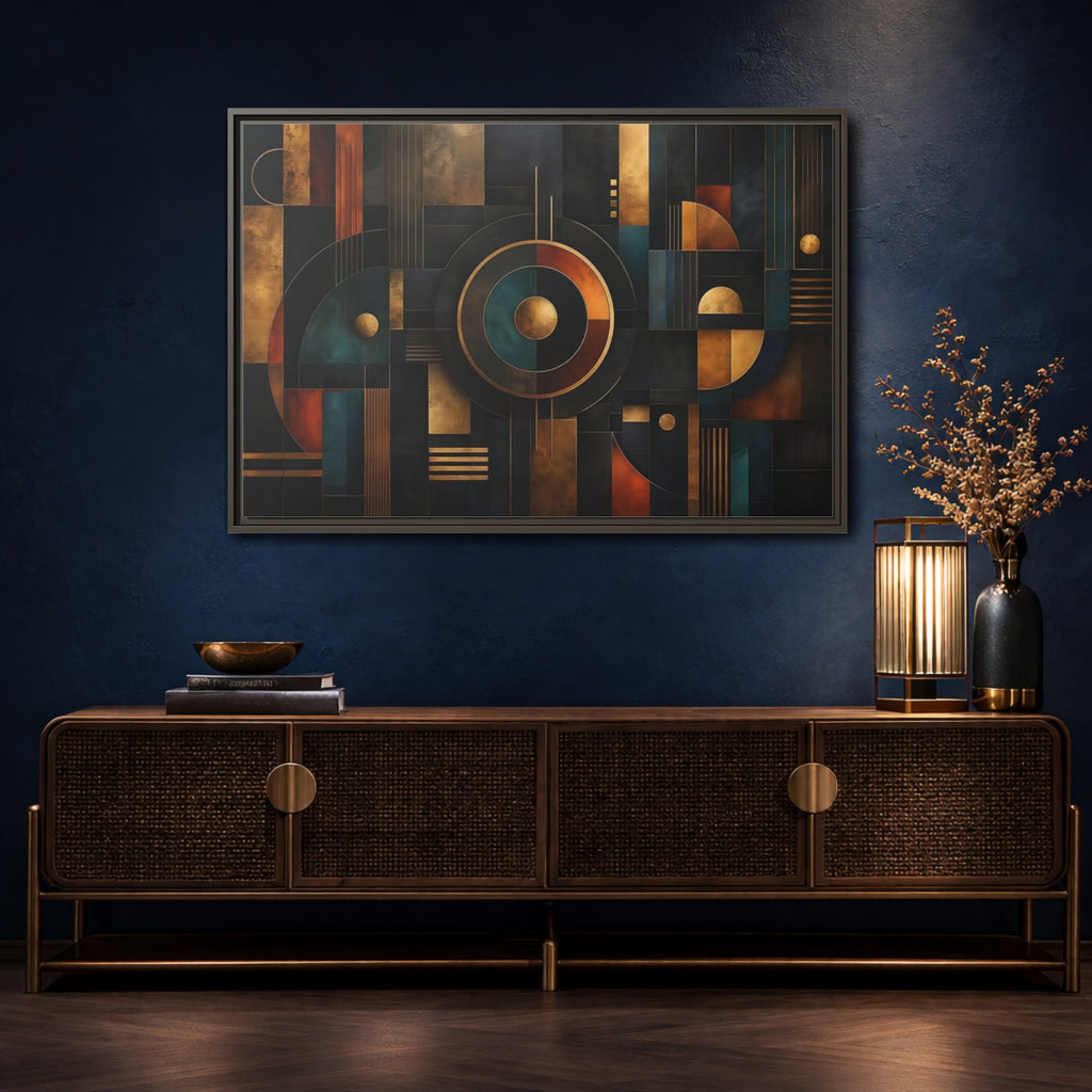 Mockup 4. Abstract Geometric Shapes Dark Gold Abstract shown as stretched canvas wall art