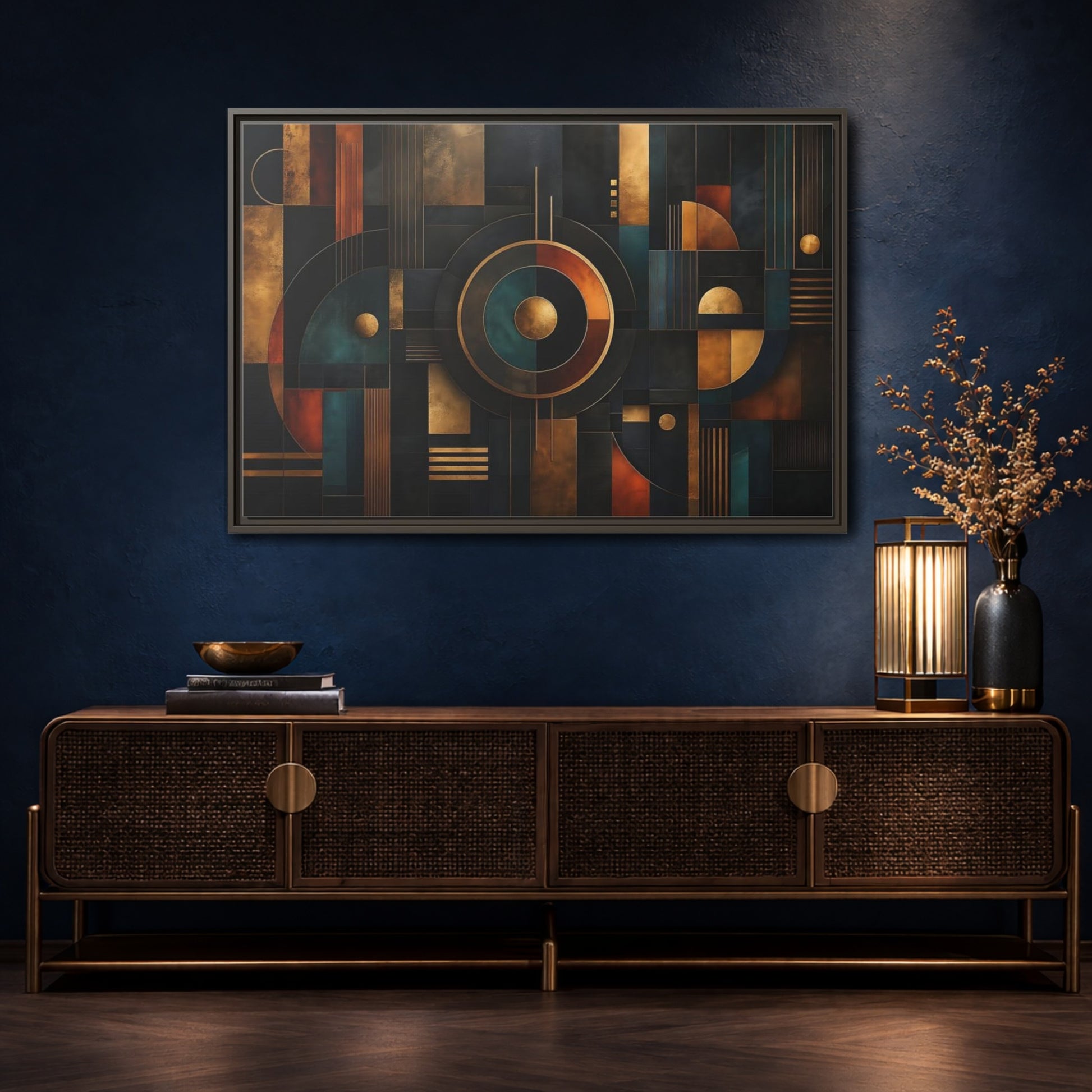 Mockup 4. Abstract Geometric Shapes Dark Gold Abstract shown as stretched canvas wall art