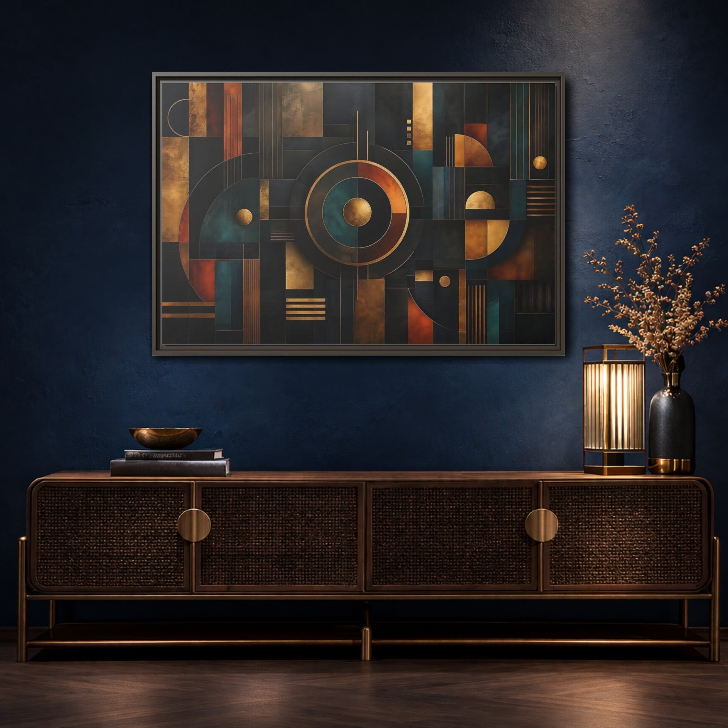 Mockup 4. Abstract Geometric Shapes Dark Gold Abstract shown as stretched canvas wall art