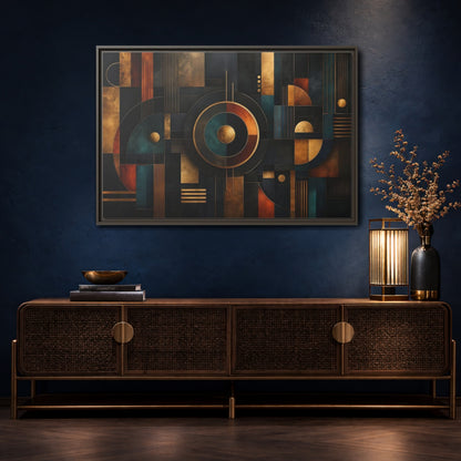 Mockup 4. Abstract Geometric Shapes Dark Gold Abstract shown as stretched canvas wall art