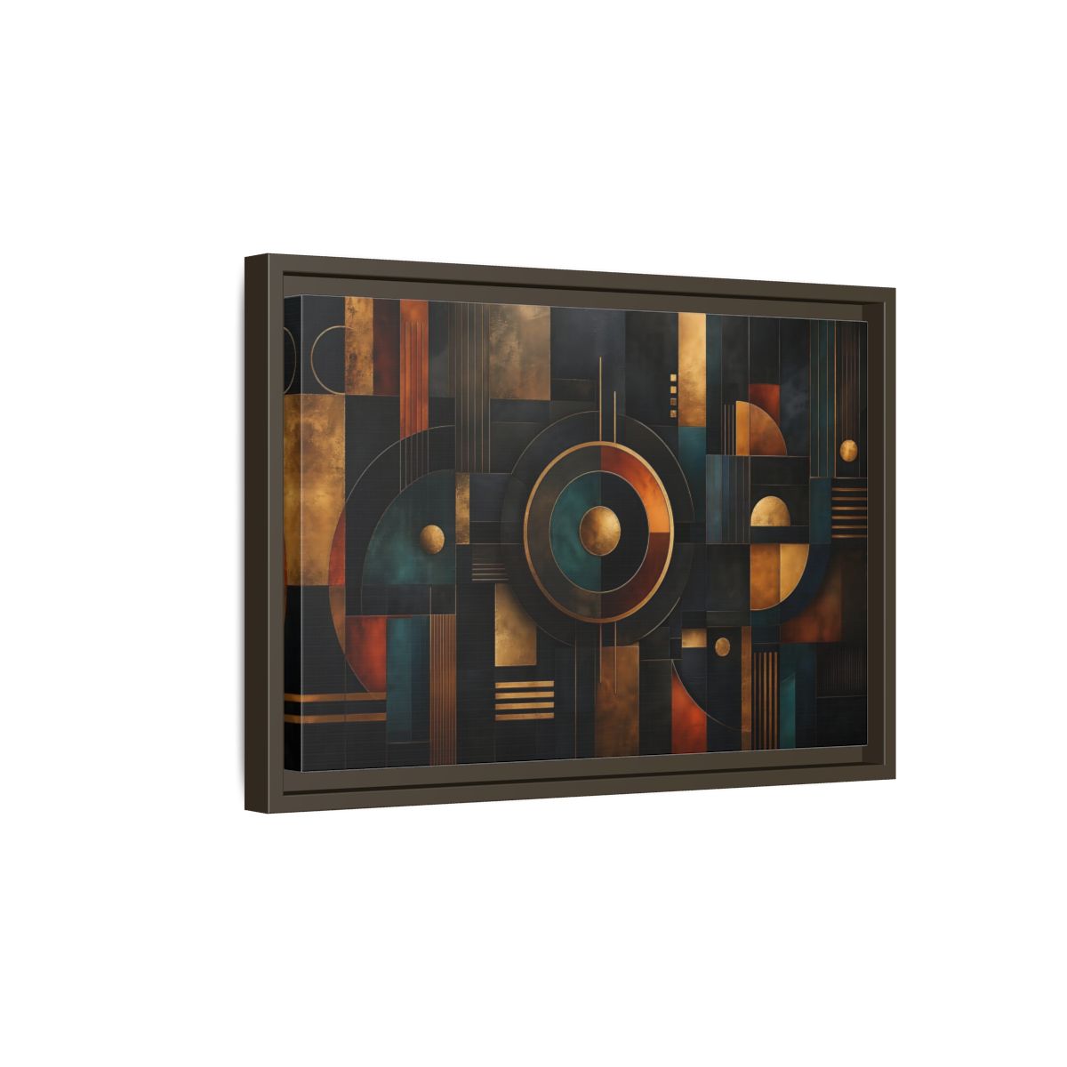 Side Mockup 5. Abstract Geometric Shapes Dark Gold Abstract shown as stretched canvas wall art