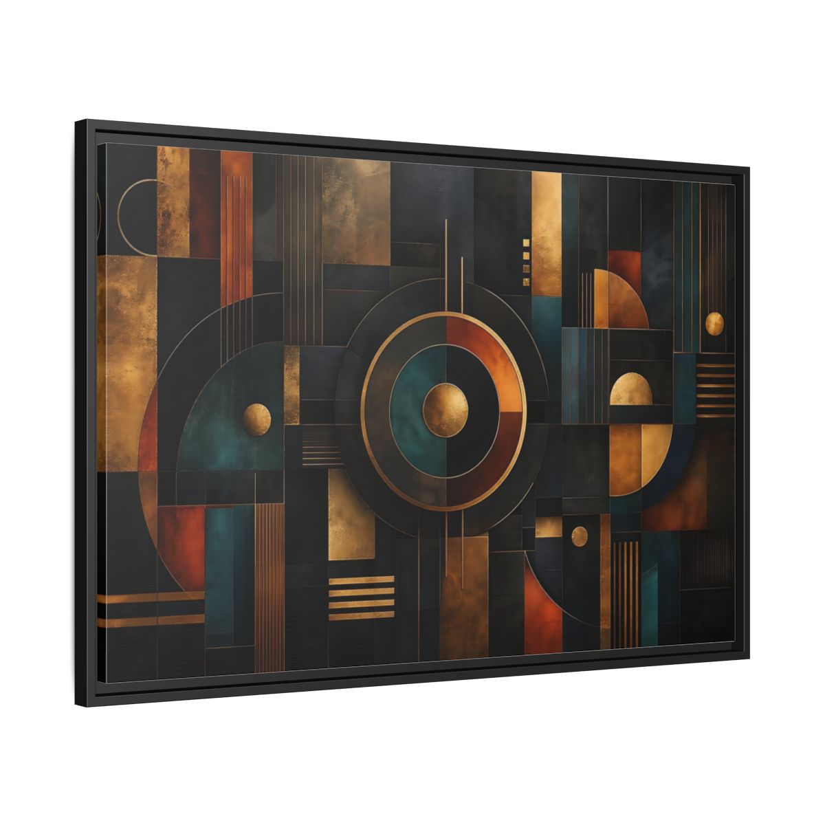 Side Mockup 13. Abstract Geometric Shapes Dark Gold Abstract shown as stretched canvas wall art