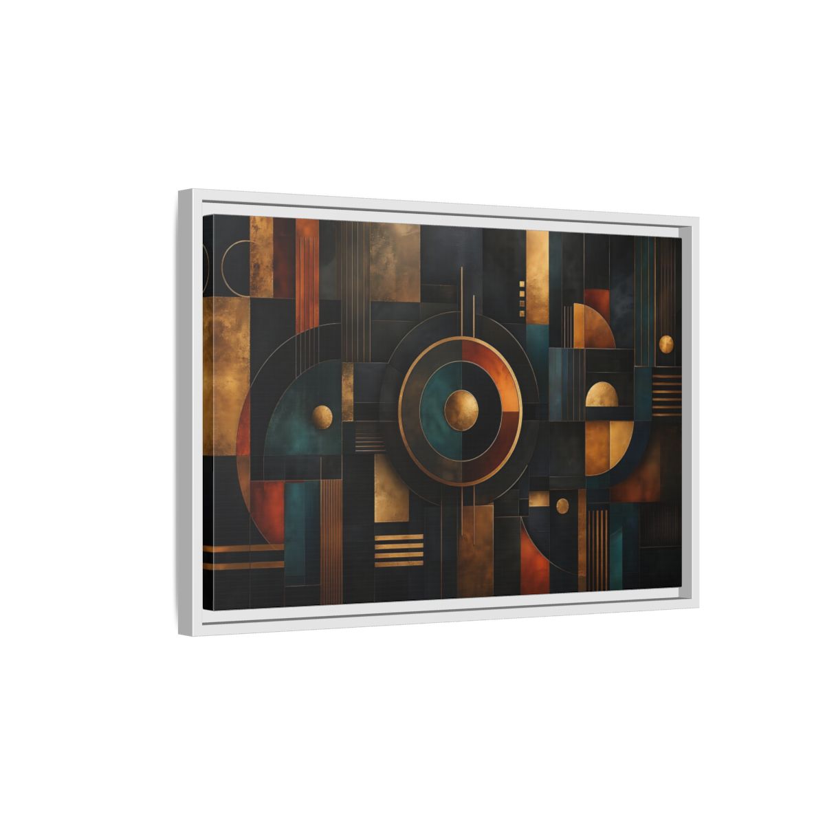 Side Mockup 1. Abstract Geometric Shapes Dark Gold Abstract shown as stretched canvas wall art