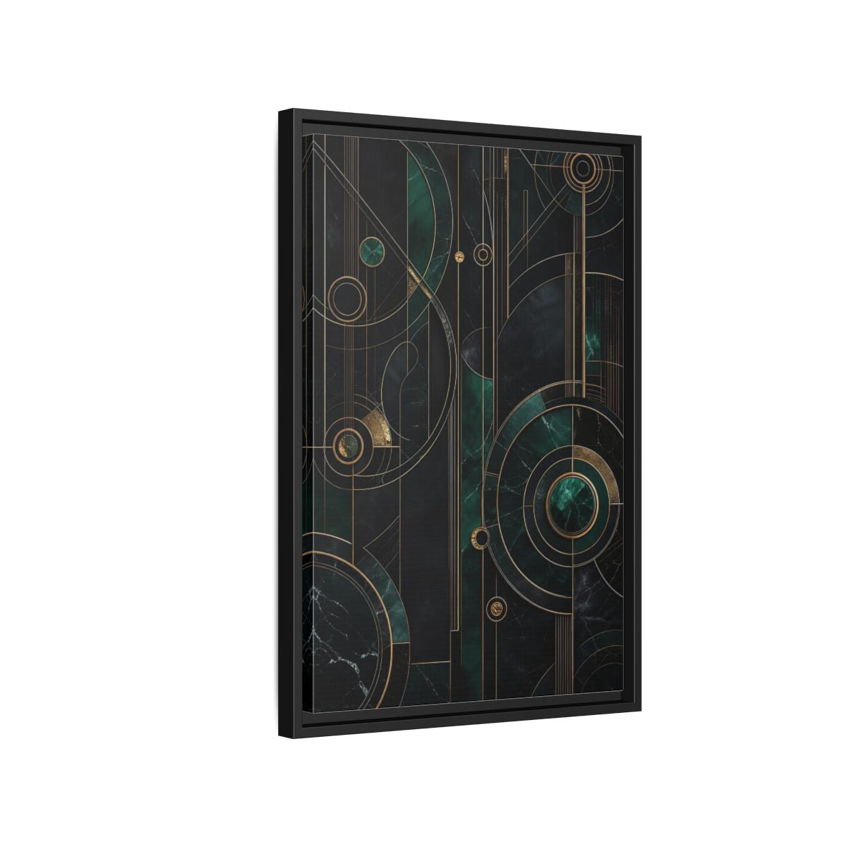 Side Mockup 3. Abstract Geometric Shapes Emerald Gold Geometric shown as stretched canvas wall art