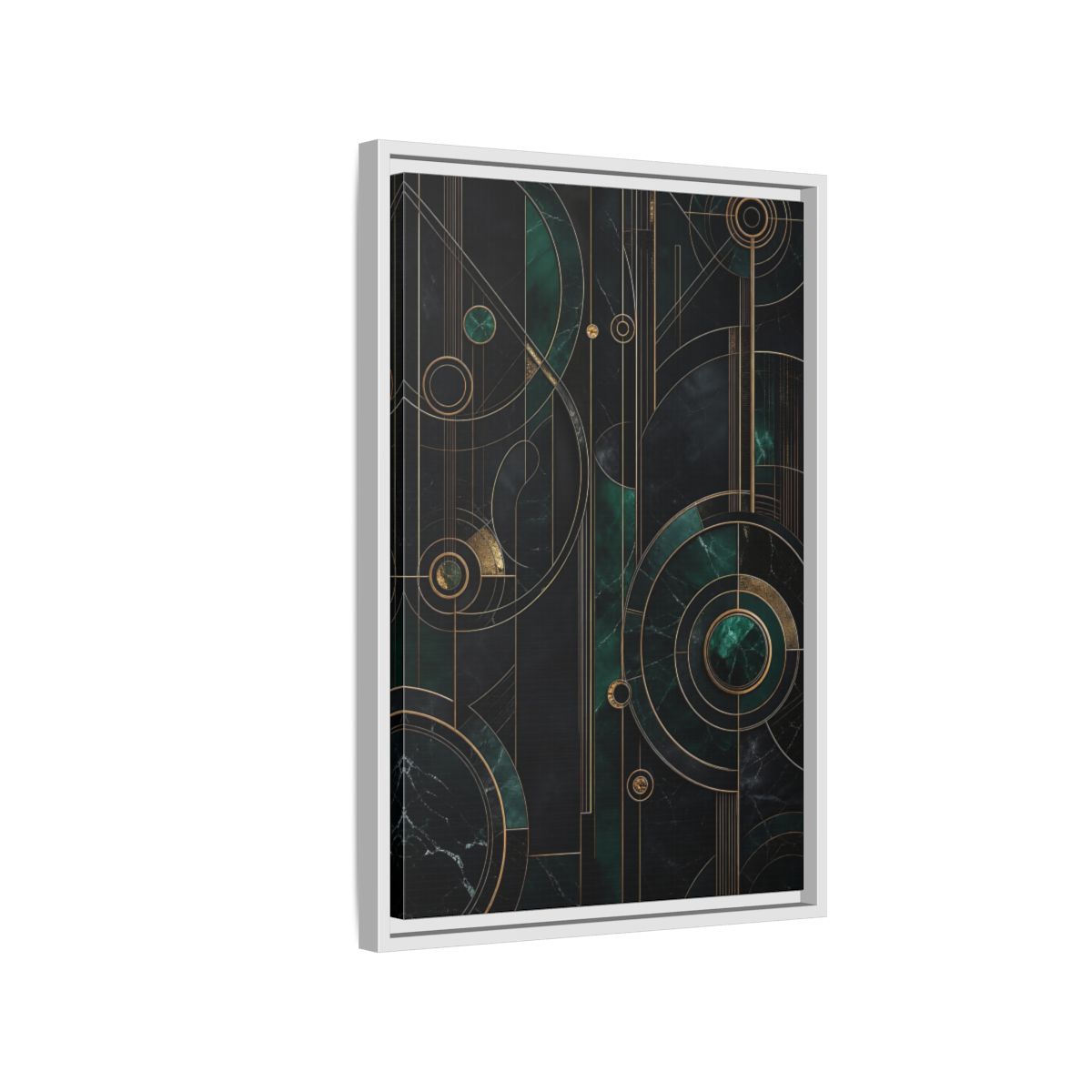 Side Mockup 1. Abstract Geometric Shapes Emerald Gold Geometric shown as stretched canvas wall art