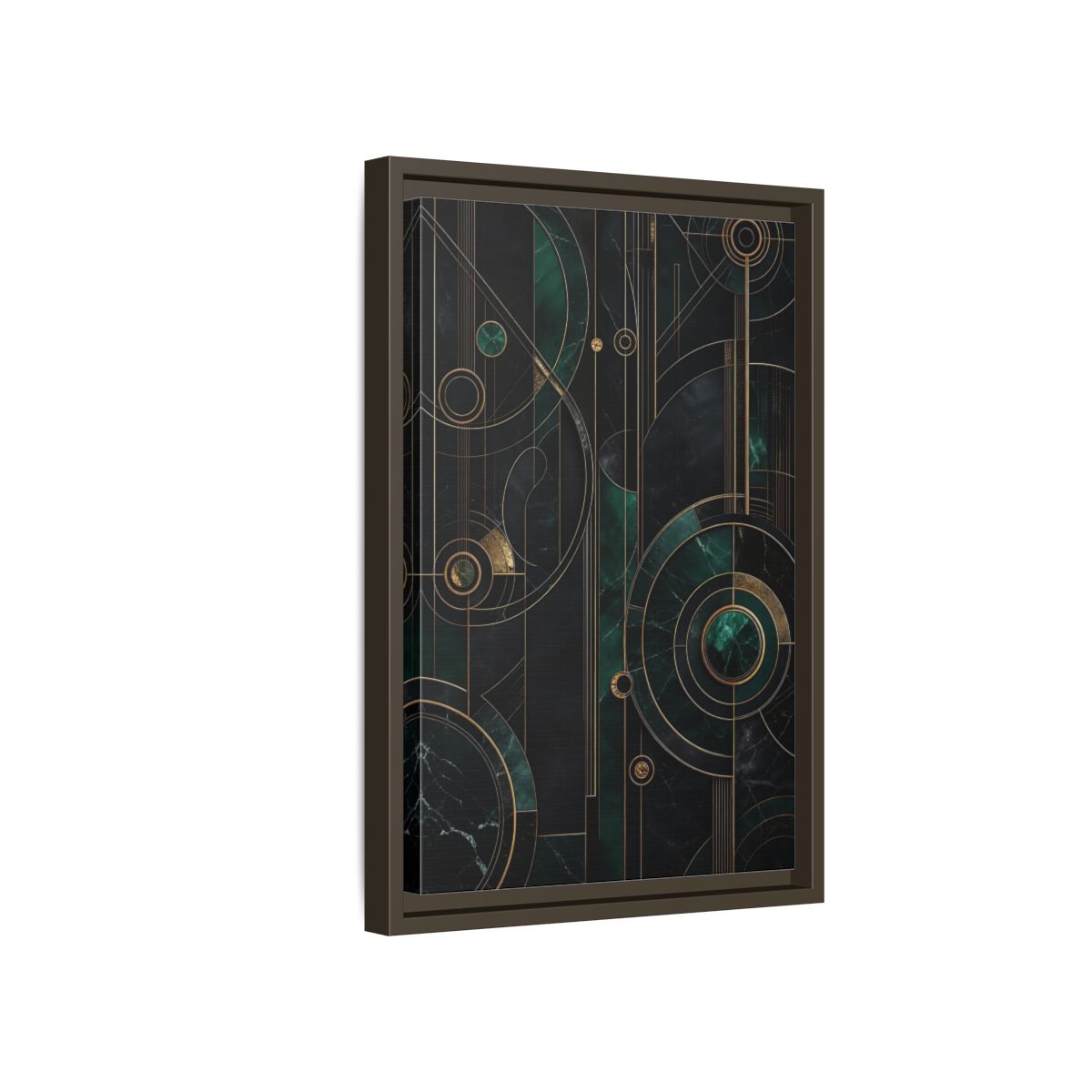 Side Mockup 5. Abstract Geometric Shapes Emerald Gold Geometric shown as stretched canvas wall art