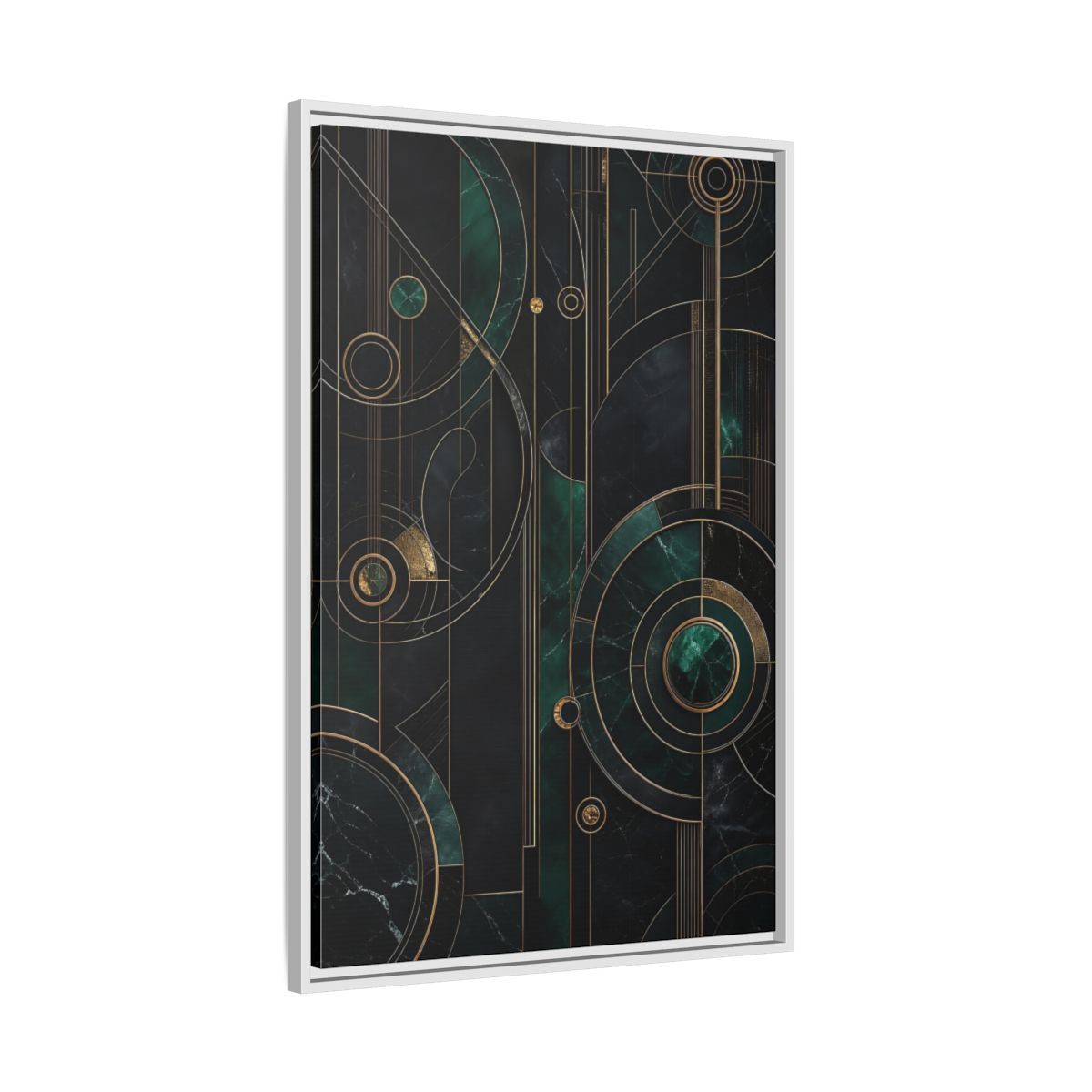 Side Mockup 9. Abstract Geometric Shapes Emerald Gold Geometric shown as stretched canvas wall art