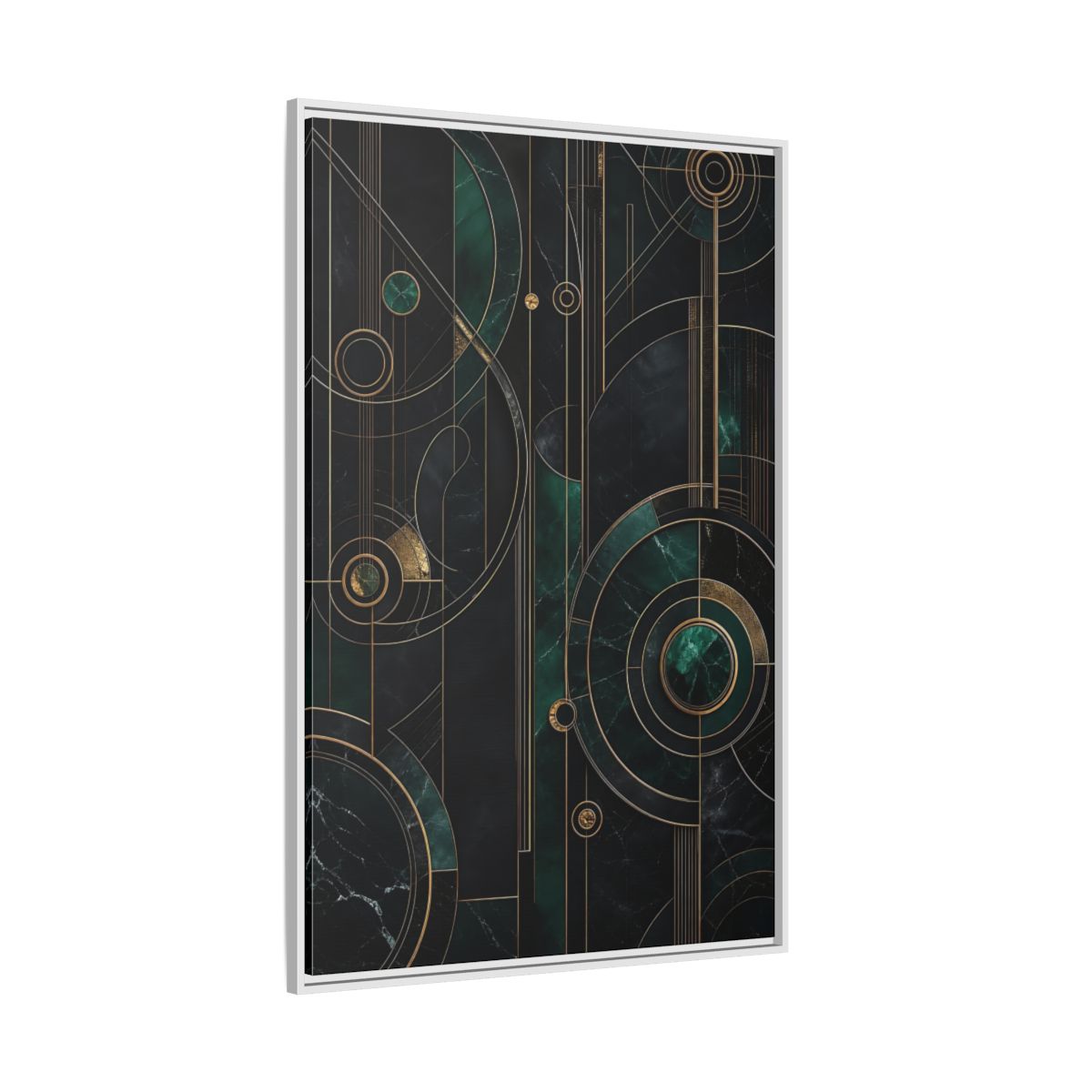 Side Mockup 7. Abstract Geometric Shapes Emerald Gold Geometric shown as stretched canvas wall art