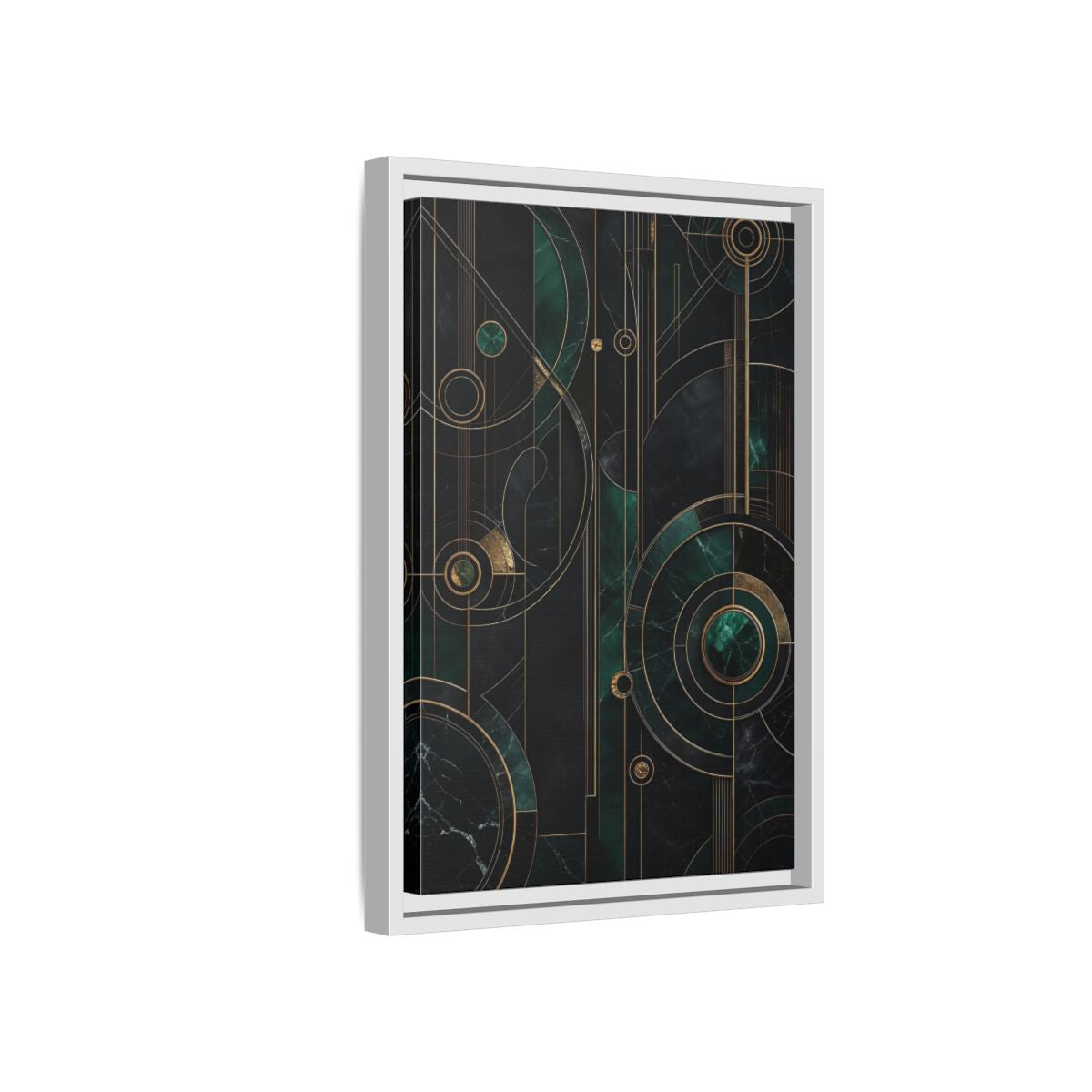 Side Mockup 4. Abstract Geometric Shapes Emerald Gold Geometric shown as stretched canvas wall art