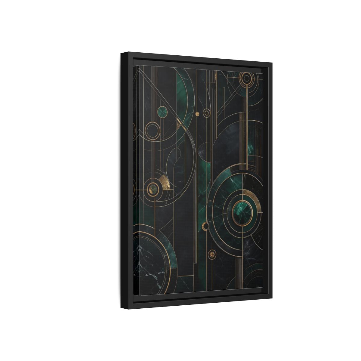 Side Mockup 6. Abstract Geometric Shapes Emerald Gold Geometric shown as stretched canvas wall art