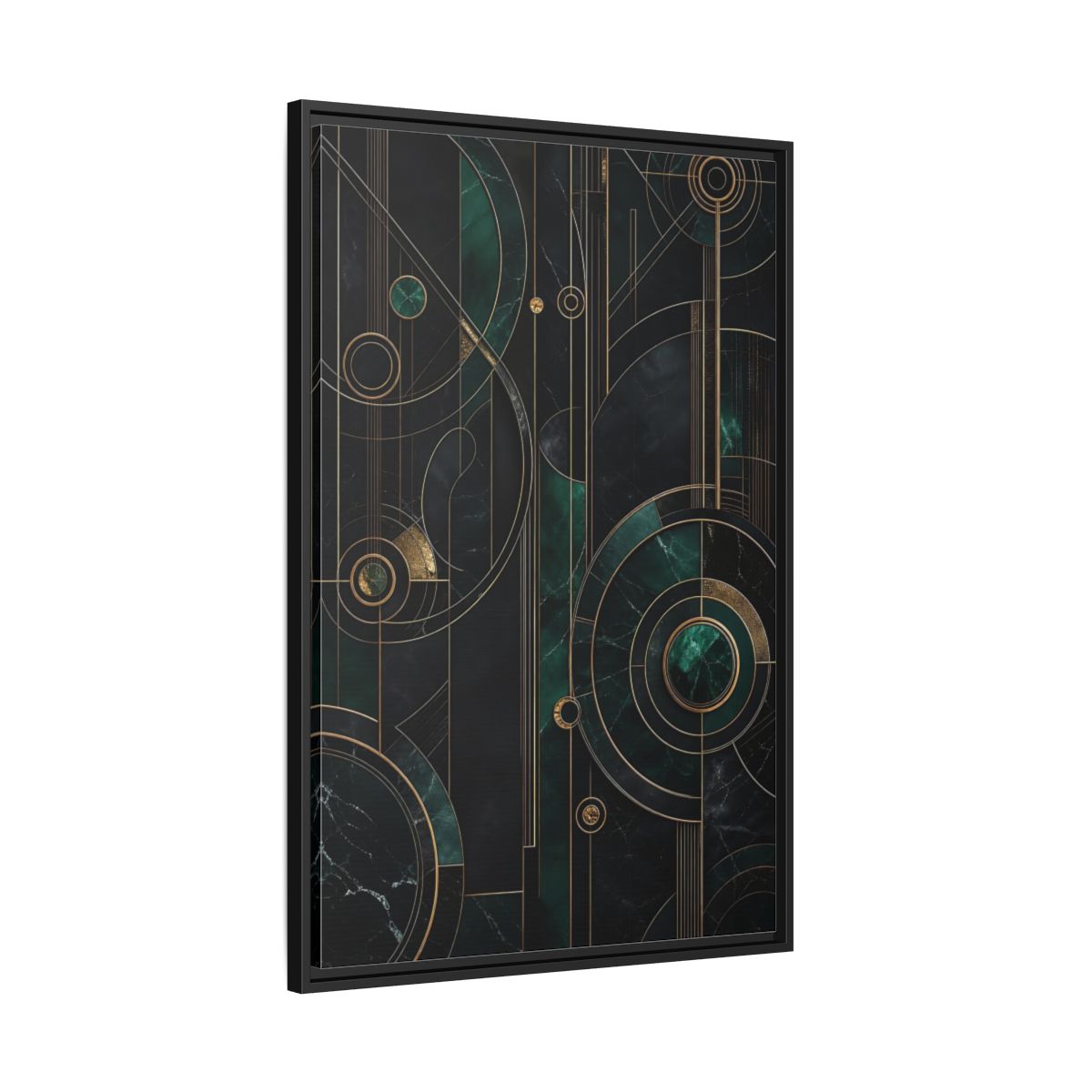 Side Mockup 13. Abstract Geometric Shapes Emerald Gold Geometric shown as stretched canvas wall art