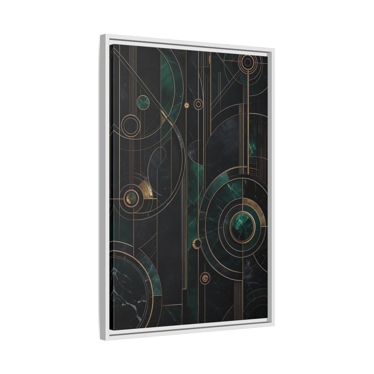 Side Mockup 10. Abstract Geometric Shapes Emerald Gold Geometric shown as stretched canvas wall art