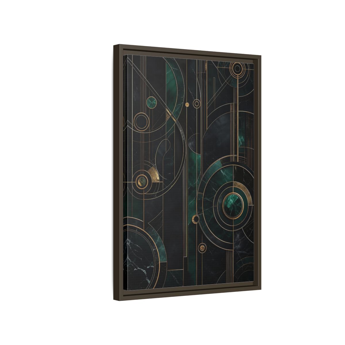 Side Mockup 2. Abstract Geometric Shapes Emerald Gold Geometric shown as stretched canvas wall art